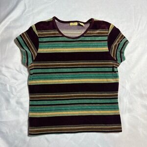 Limited America Vintage 90s Velour Striped Short Sleeve Top Purple Teal Large
